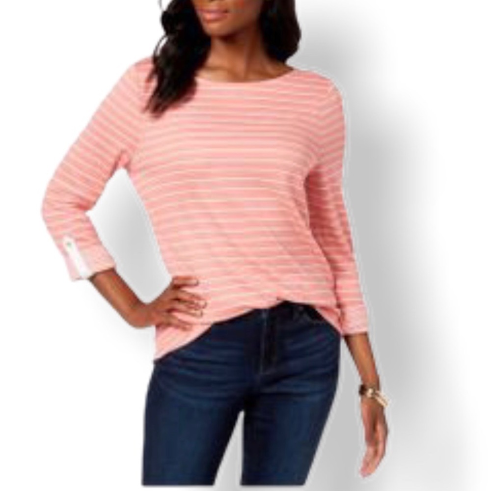 Charter Club Striped 3/4 Sleeve Top Pink Guava